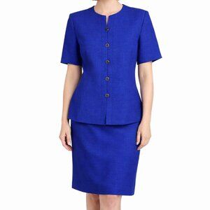 Le Suit Skirt Suit Size 10 Blue 5 Loop Buttons Short Sleeve Textured Lined
